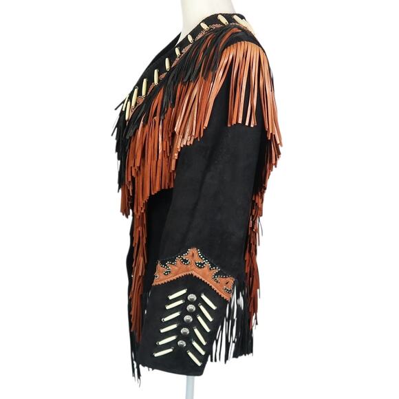 Vintage 90s Diamond Leathers Black Leather Fringe Western Biker Jacket 8 - Picture 4 of 8